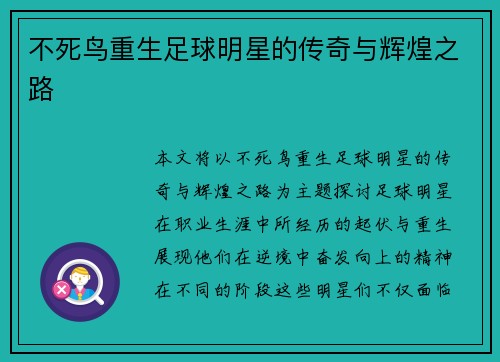 不死鸟重生足球明星的传奇与辉煌之路